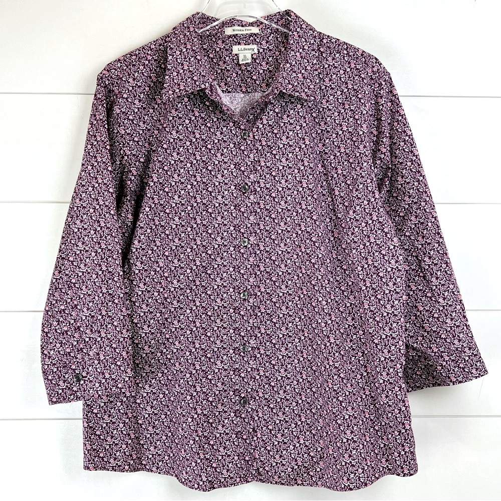 LL BEAN Wrinkle Free Floral Button Front Top Women’s‎ Size XL